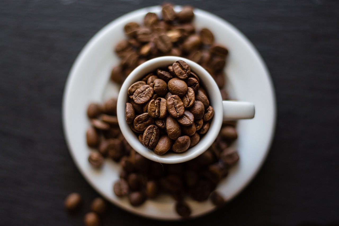 Roasted coffee beans displayed in a white cup