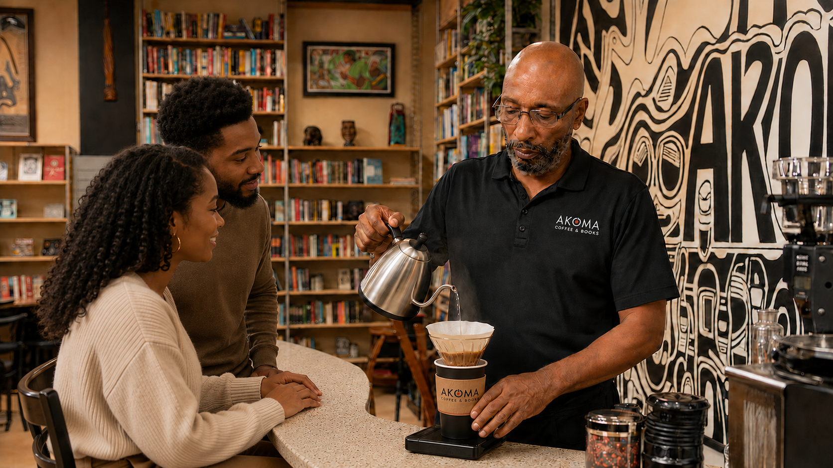 Kazemde demonstrating a pour over for a young Black couple inside Akoma Coffee & Books