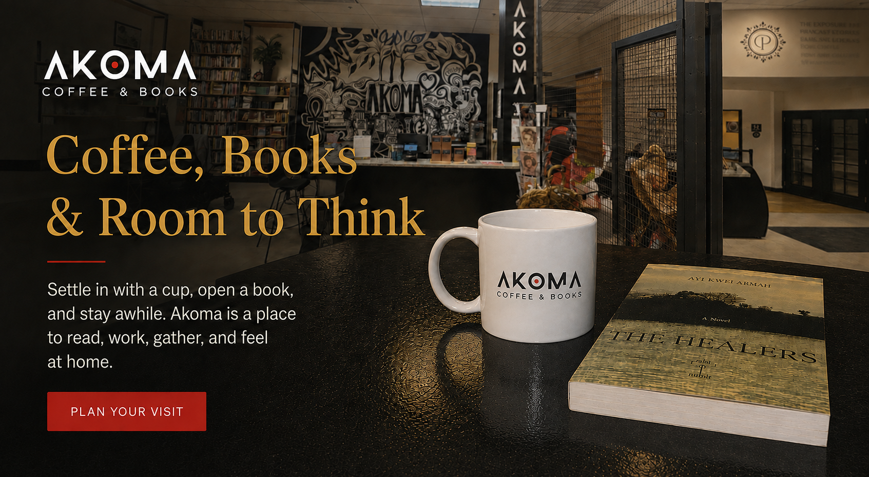 Akoma Coffee & Books coffee bar in Stonecrest with books, The Healers and an Akoma coffee mug