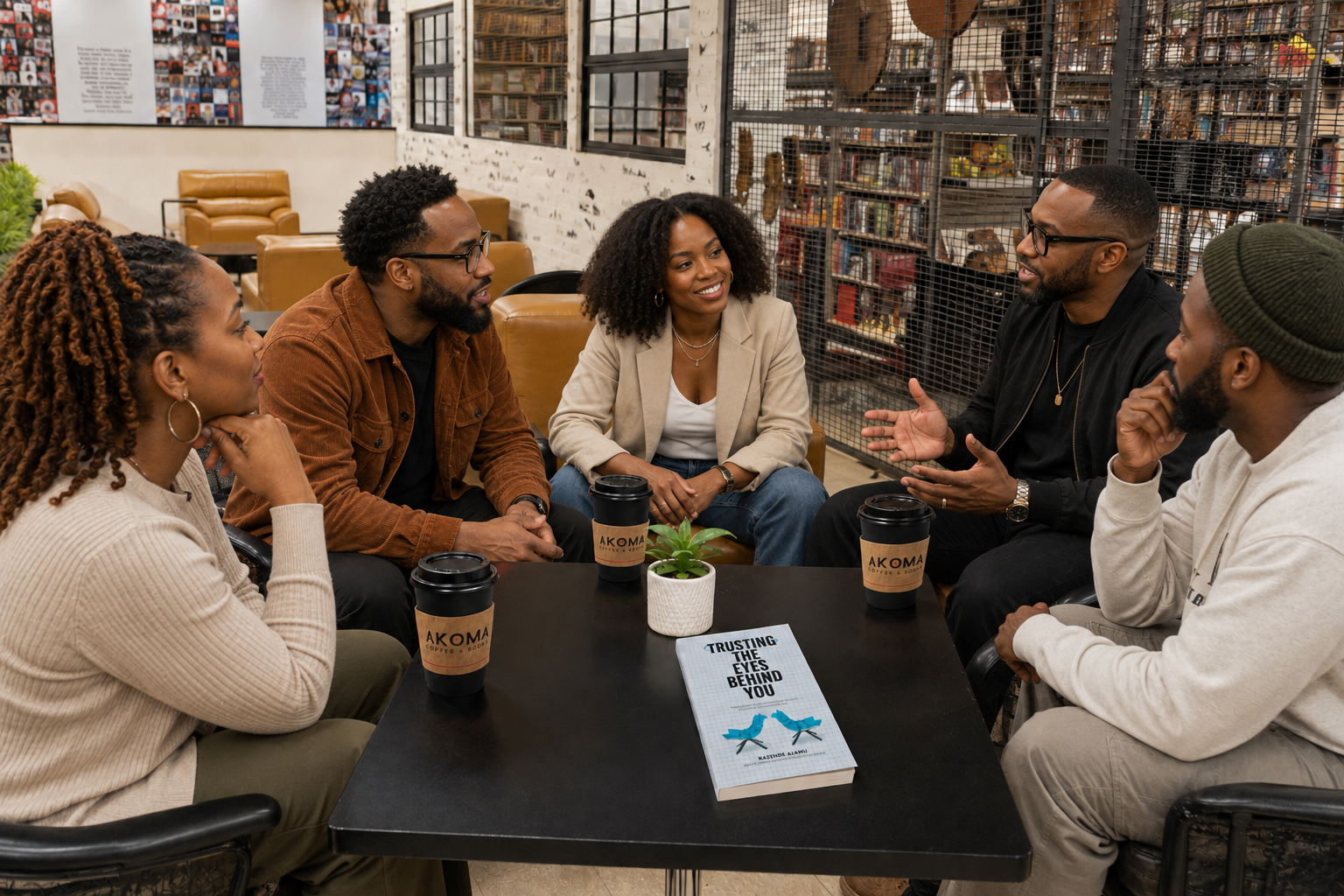 Black adults gathering in conversation at The Lounge at Akoma with branded coffee and books