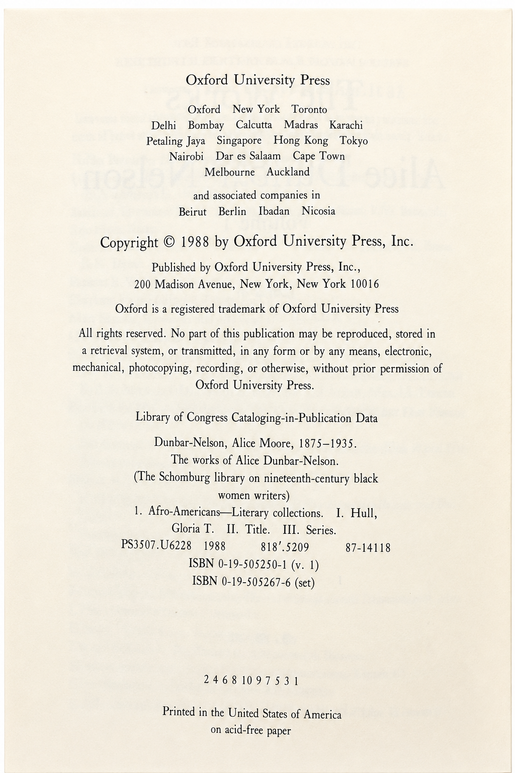 1988 Oxford University Press copyright page for The Works of Alice Dunbar-Nelson showing the complete first-printing number line and set ISBN 0-19-505267-6.