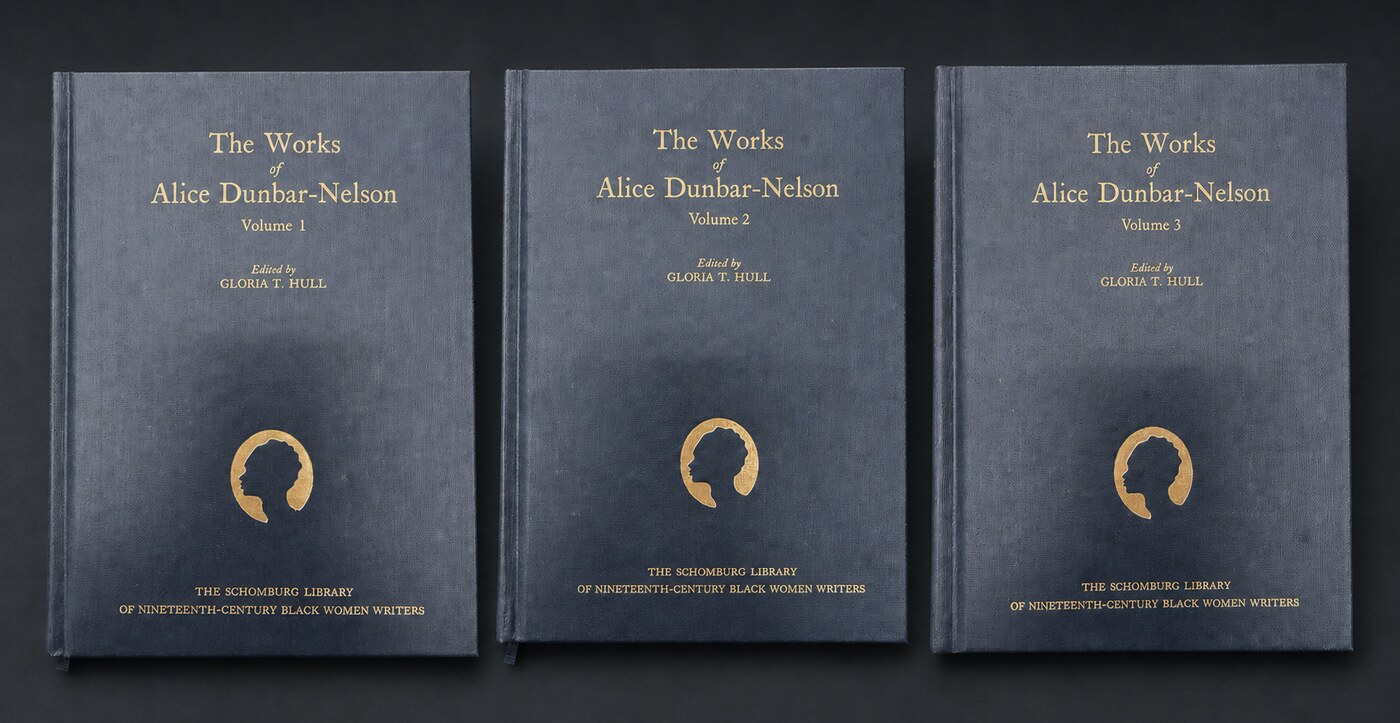 Front covers of The Works of Alice Dunbar-Nelson, Volumes 1, 2, and 3, edited by Gloria T. Hull.