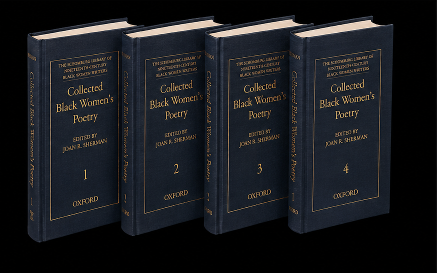 Complete four-volume set of Collected Black Women’s Poetry arranged upright on a black background.