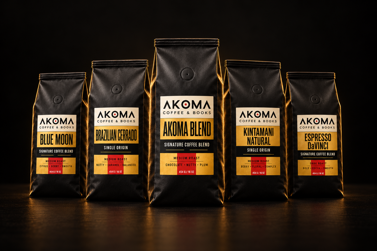 Five matte-black Akoma coffee bags, with Akoma Signature Blend centered