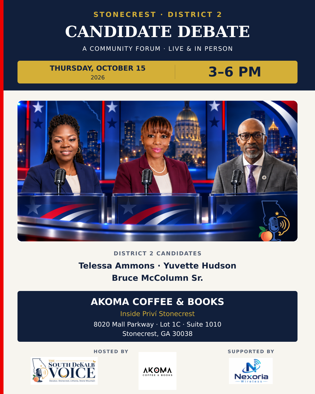 Stonecrest District 2 Candidate Debate — October 15, 2026, 3–6 PM